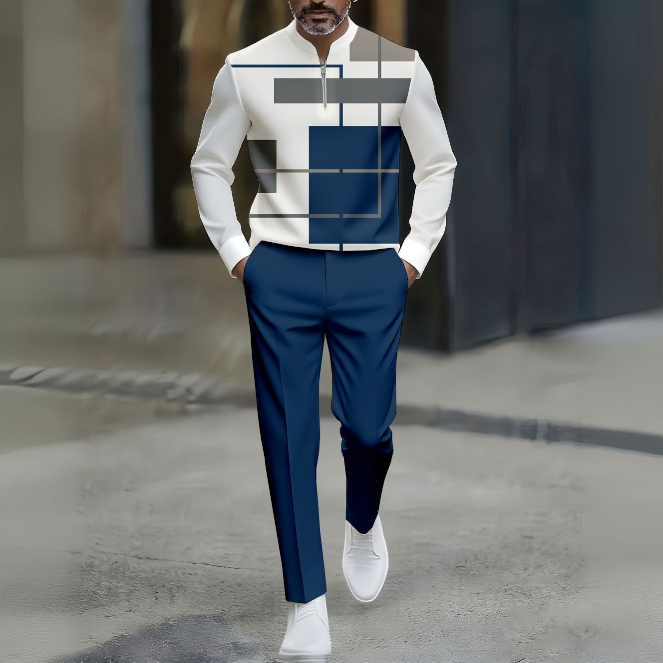 Conjunto de dos piezas casual Geometric estampado Polo Collar Zipper de manga larga pantalón para hombre