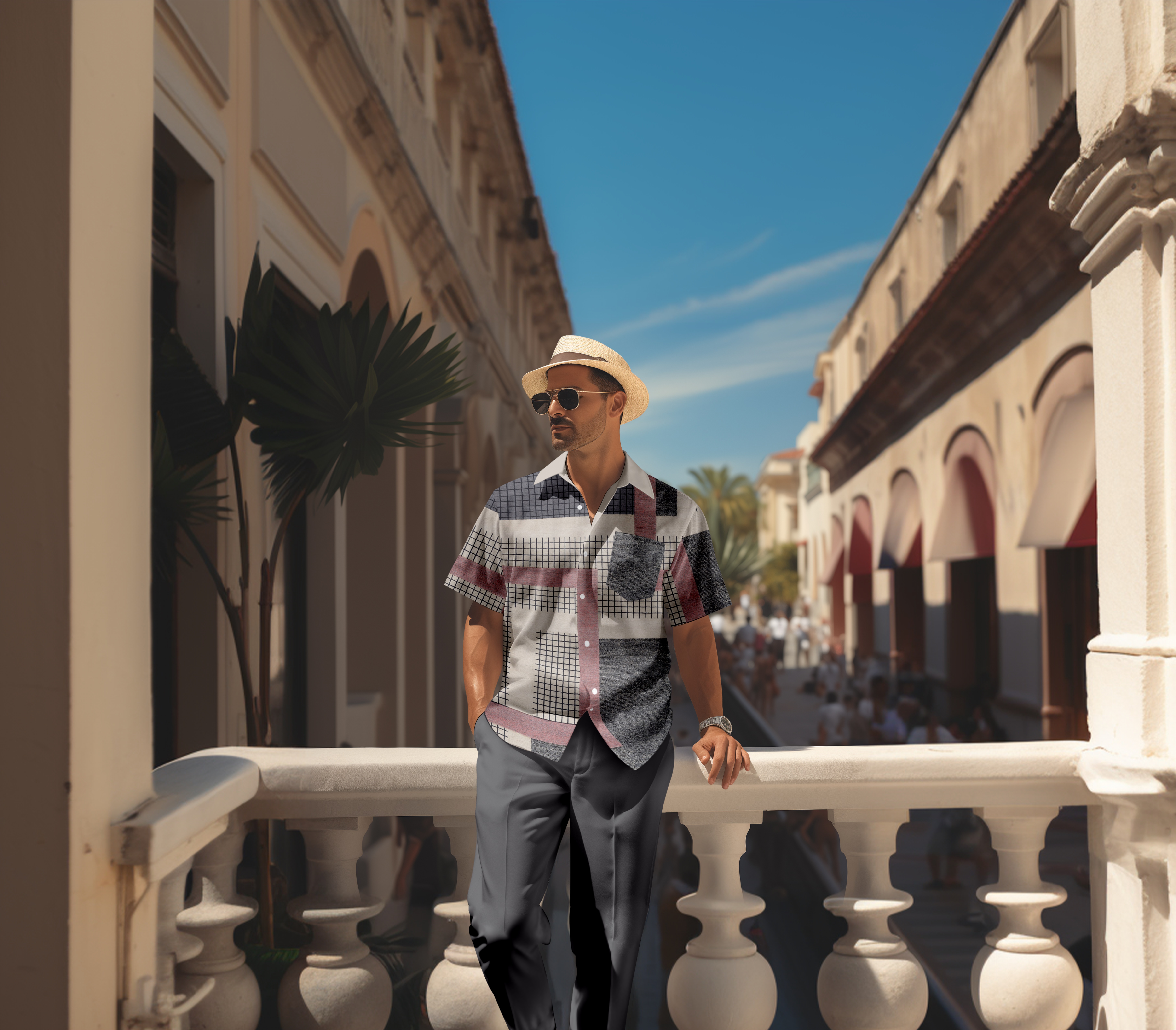 Camisa retro colorblock de manga corta walking Suit 1655 para hombre