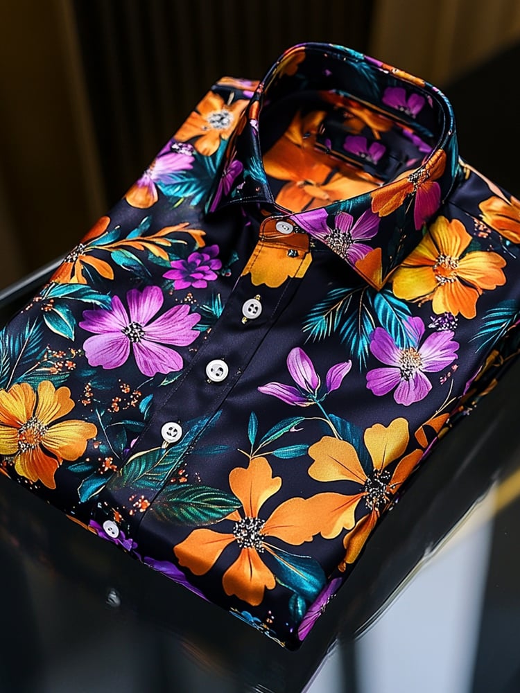 Camisa satén de lujo hawaiano Full estampado Dark Background floral de manga corta Button para hombre