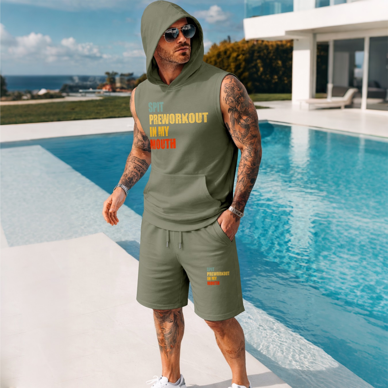 Sudadera con capucha Sleeveless & shorts Set – “Spit Prepara trabajoout in My Mouth” Graphic, Summer Two-Piece Activewear, casual Streetwear, Regular Fit Gym & Sport de moda, Lightweight Outfit para hombre