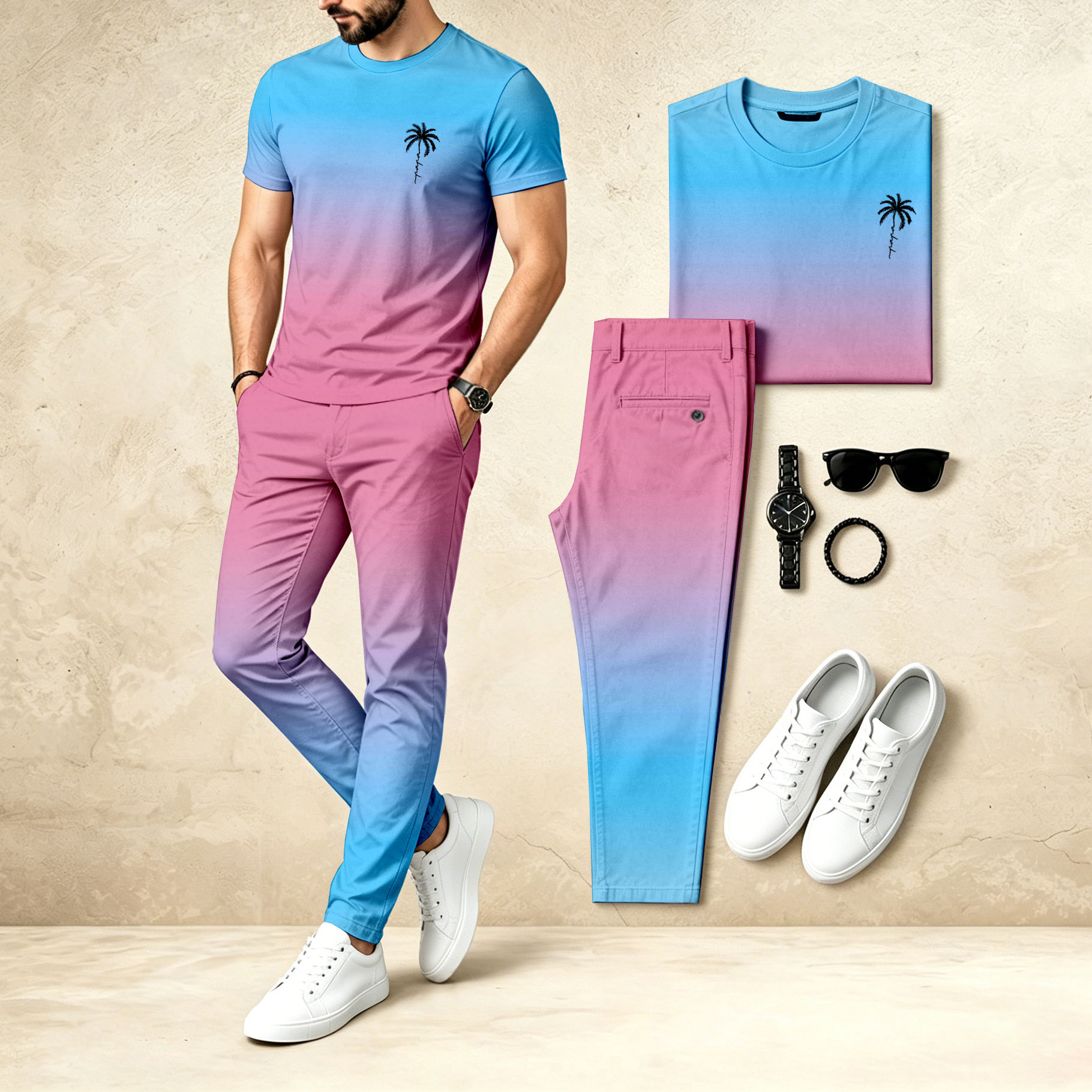 Conjunto de dos piezas casual : Blue-Pink Gradient estampado Crew Neck de manga corta Top & Long pantalón para hombre