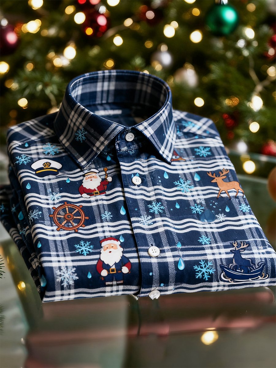 Camisa Christmas de manga larga con botones para hombre