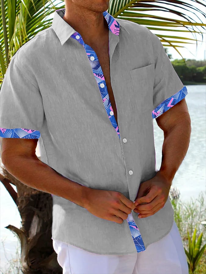 Camisa Resort Style Contrast estampado casual de manga corta para hombre