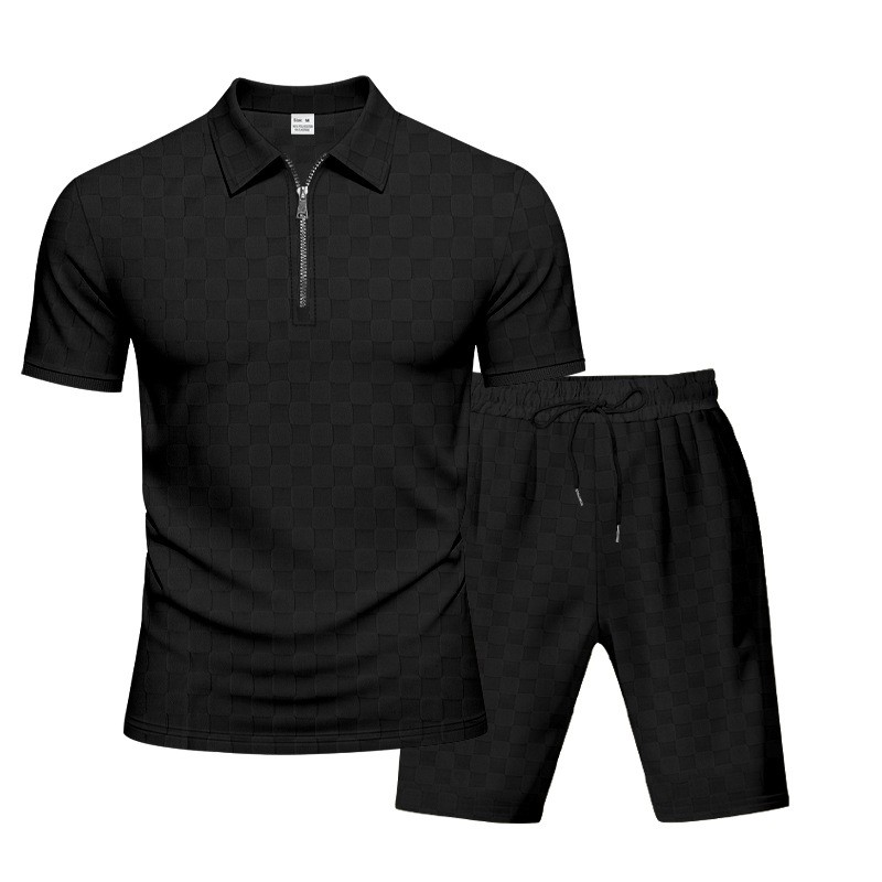 Conjunto de dos piezas Checkerboard Jacquard camisa polo and shorts Set, casual Half Zip de manga corta Collared Summer Outfit, Lightweight transpirable holgado Fit , Comfortable elegante Streetwear for para uso diario Wear Travel Vacation Resort Lounge para hombre