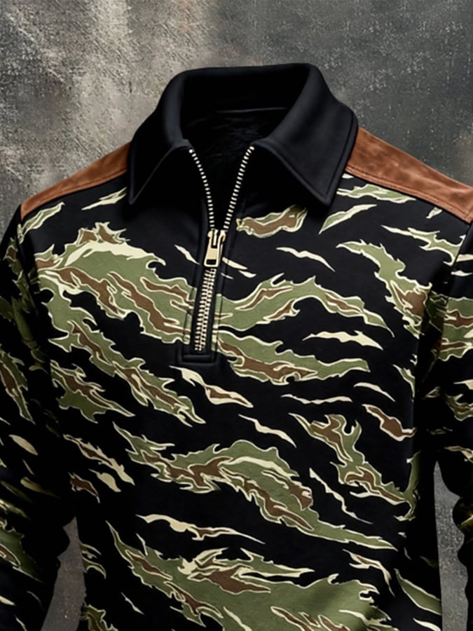 Sudadera retro en bloques de color estampado Color-Blocked con cierre para hombre
