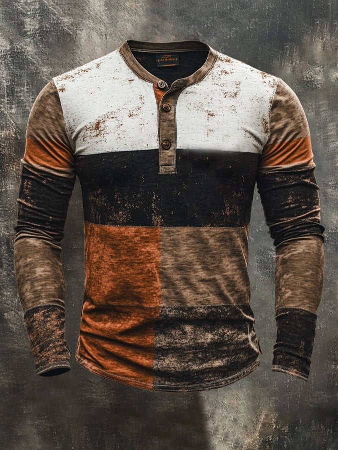 Retro en bloques de color de manga larga Henley para hombre