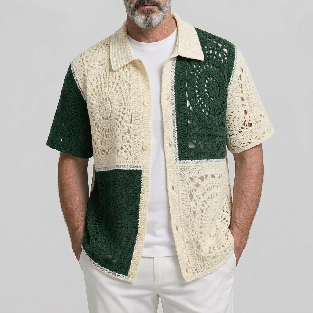 De moda Colorblock Crochet tejido Hollow Out de manga corta Cardigan para hombre