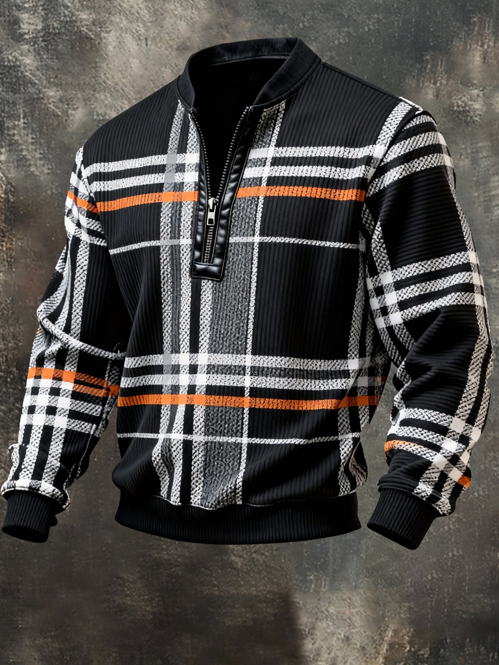 Sudadera casual retro Contrast Color Half Zip Stand cuello de manga larga para hombre