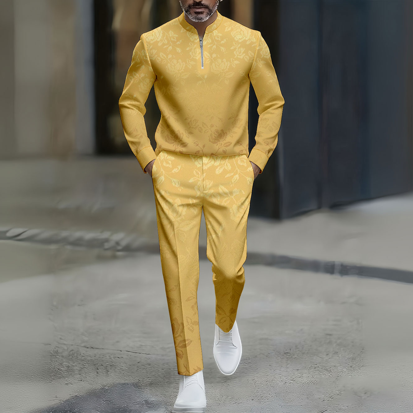 Conjunto de dos piezas casual Flower estampado Round-Neck Zipper de manga larga Trousers Yellow para hombre