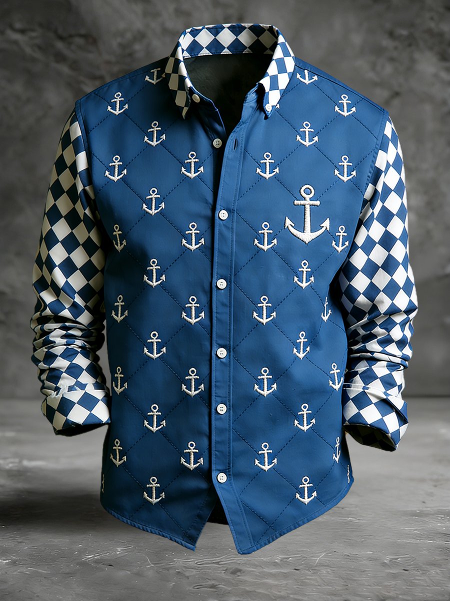 Camisa vintage navy anchor estampado de manga larga para hombre