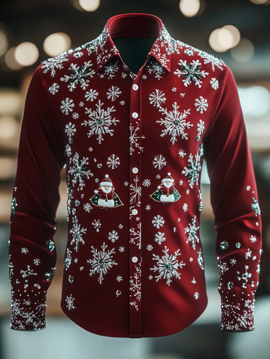 Camisa retro Christmas estampado de manga larga para hombre