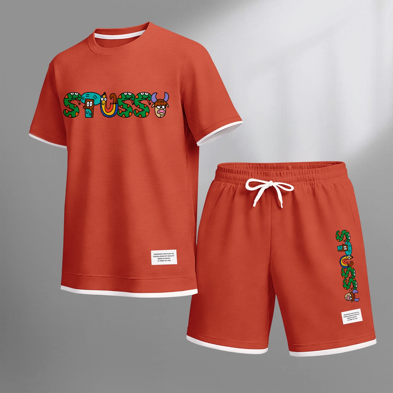 Camisa Y2K Cartoon estampado Waffle Fabric de manga corta And shorts Set para hombre