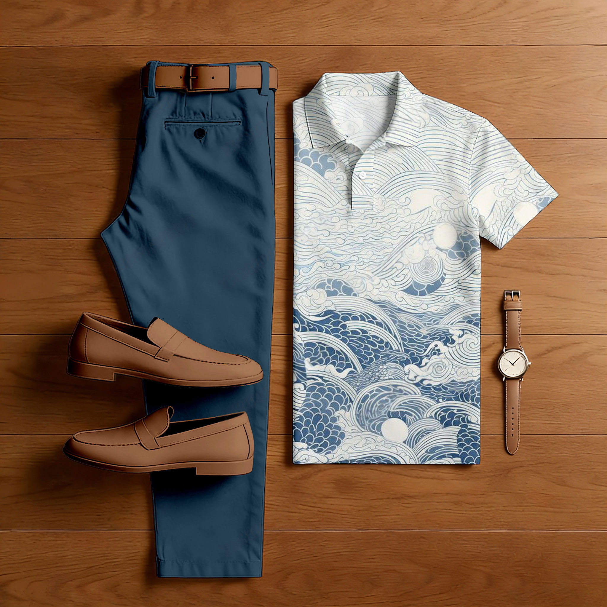 Conjunto de dos piezas casual White Waves estampado camisa polo And pantalón para hombre