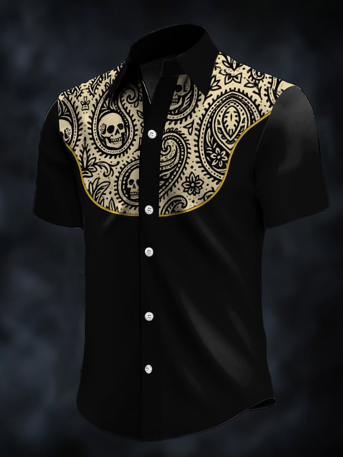 Camisa retro Western Contrast estampado de manga corta casual para hombre