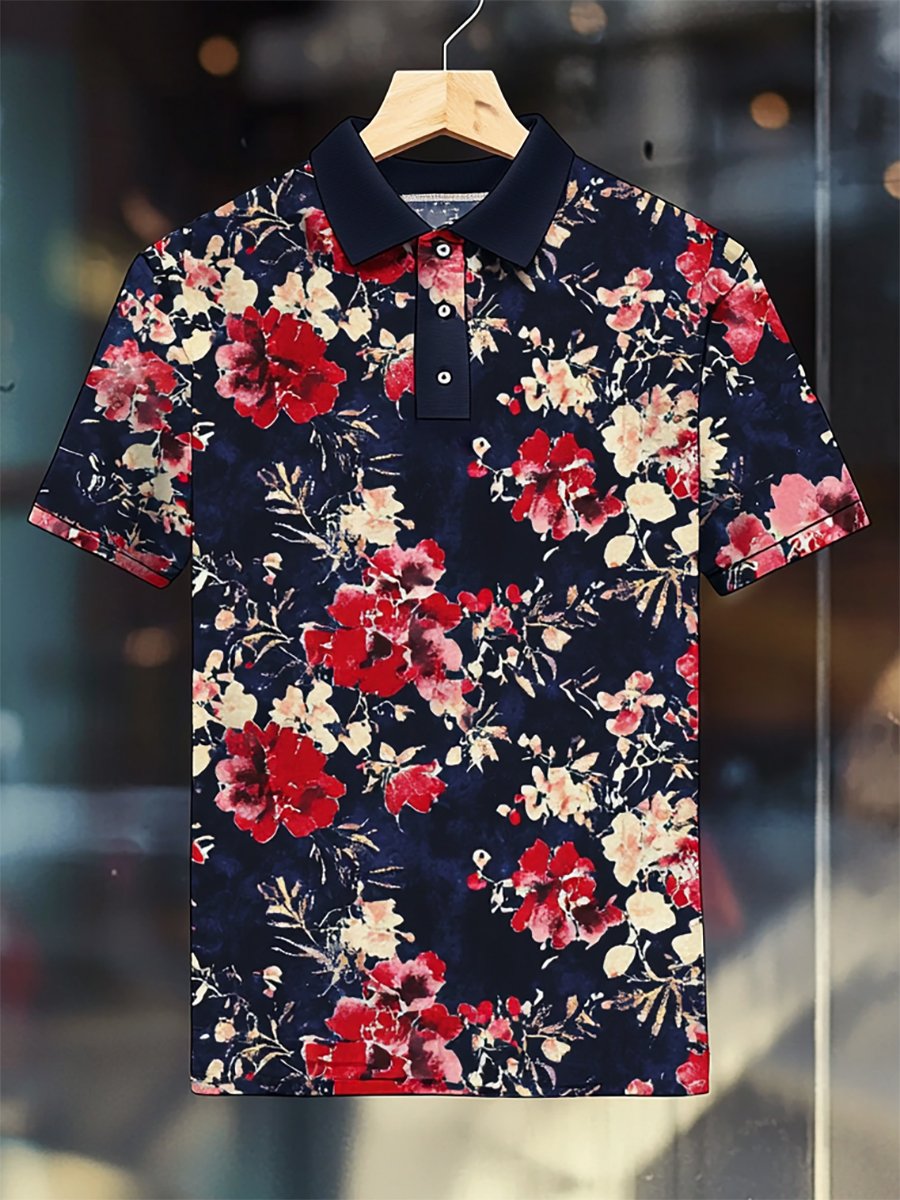 Camisa polo casual Festive floral estampado Button de manga corta para hombre
