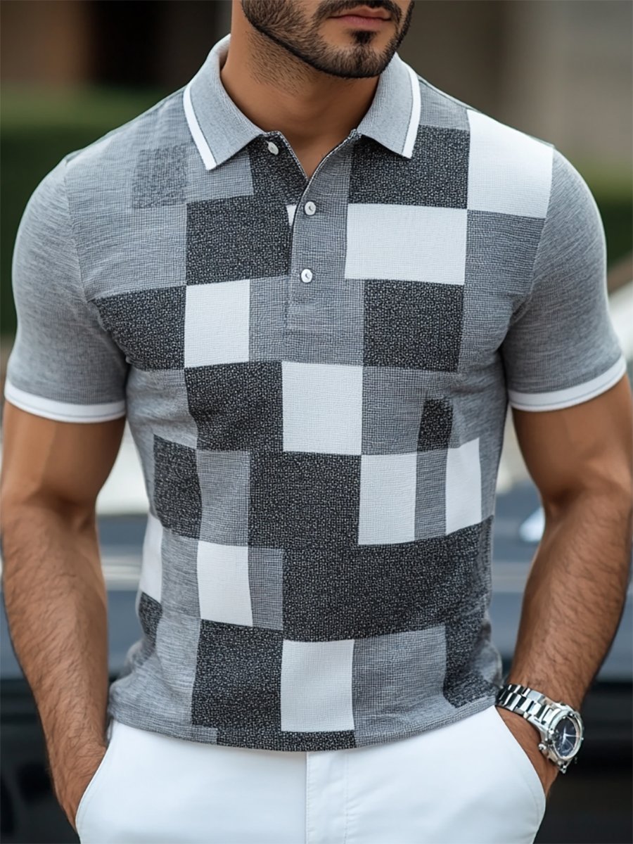 Camisa polo casual ejecutivo geométrico Button de manga corta para hombre