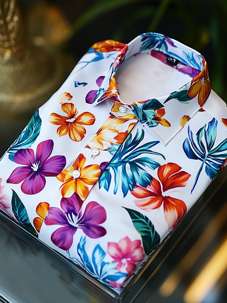 Camisa satén Luxe hawaiano estampado de manga corta Button para hombre