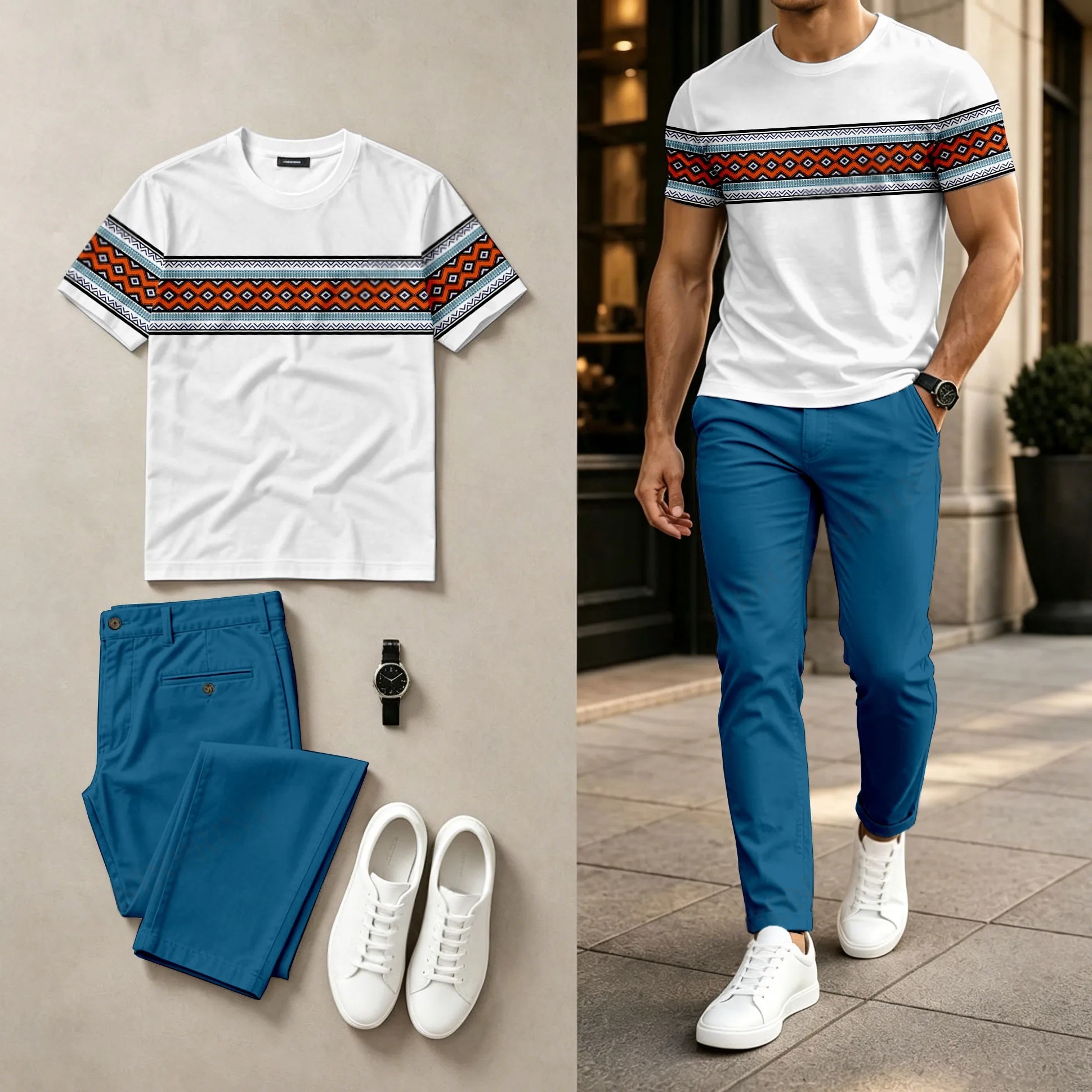 Conjunto de dos piezas casual Horizontal a rayas estampado Round-Neck de manga corta Top And pantalón para hombre