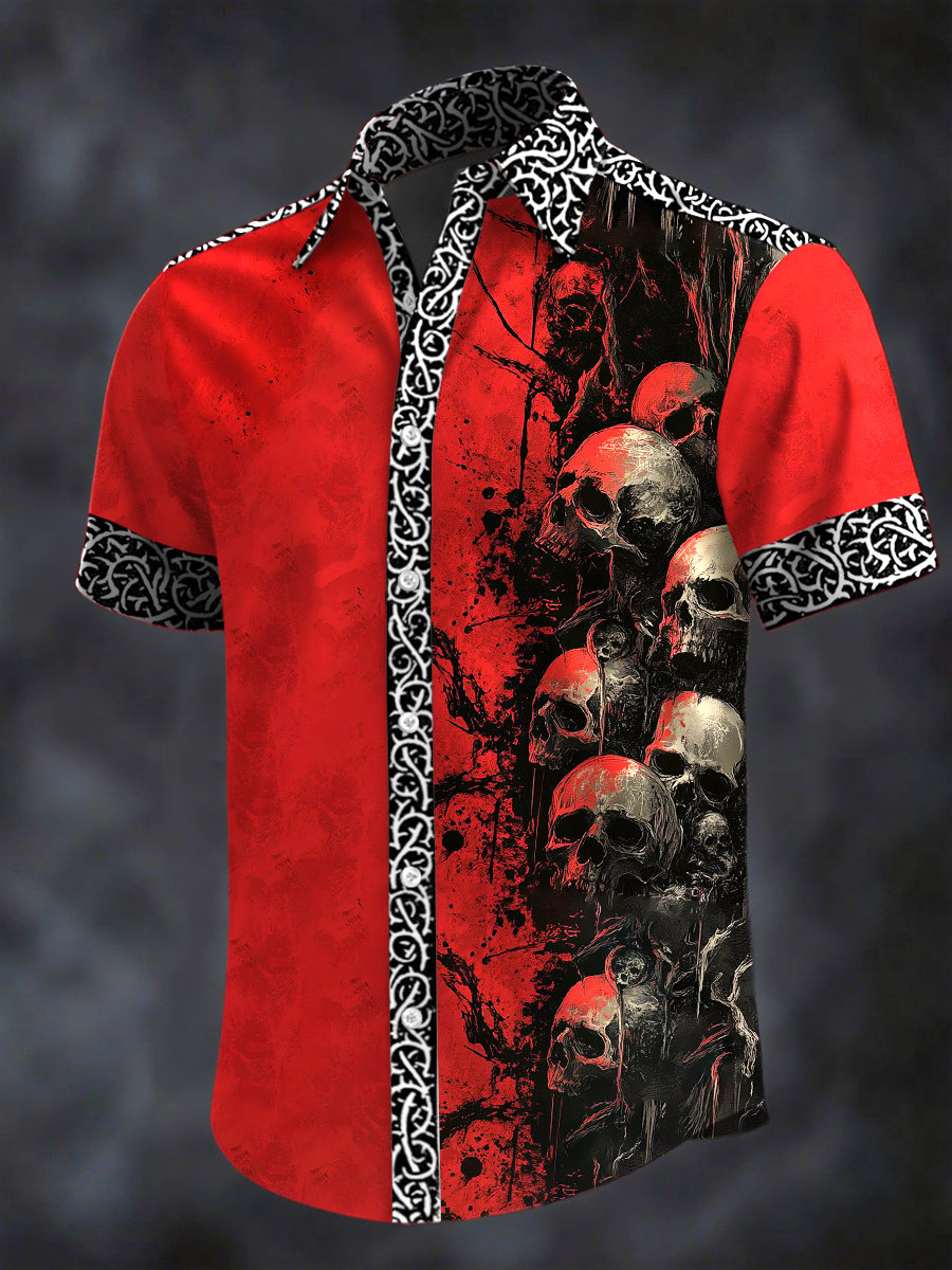 Camisa retro Horror Skull estampado solapa de manga corta para hombre