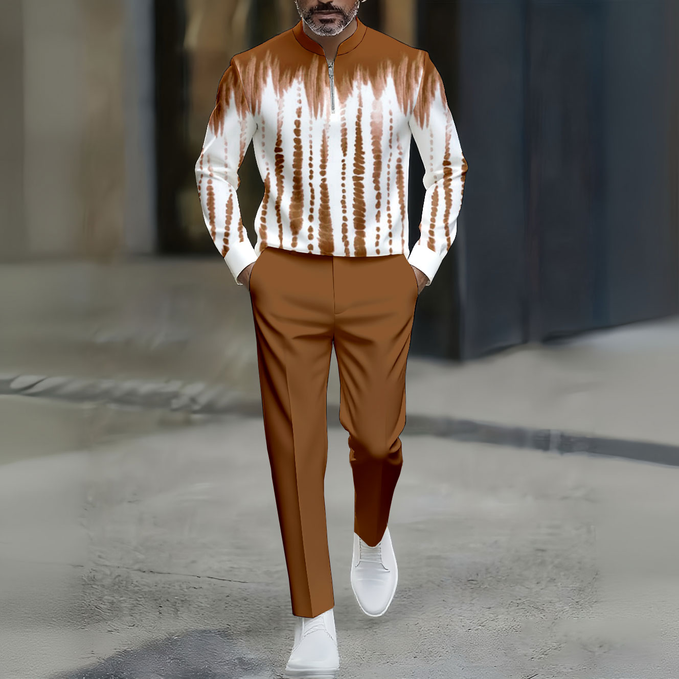 Conjunto de dos piezas casual Brown & White Color Matching Tie-dye estampado Round-Neck Zipper de manga larga Trousers para hombre