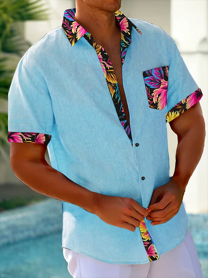 Camisa Resort Style Contrast estampado casual de manga corta para hombre