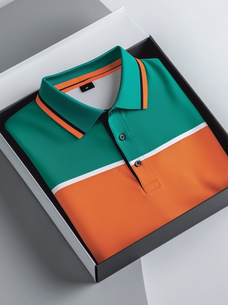 Camisa polo ejecutivo casual Orange Green en bloques de color Button de manga corta para hombre