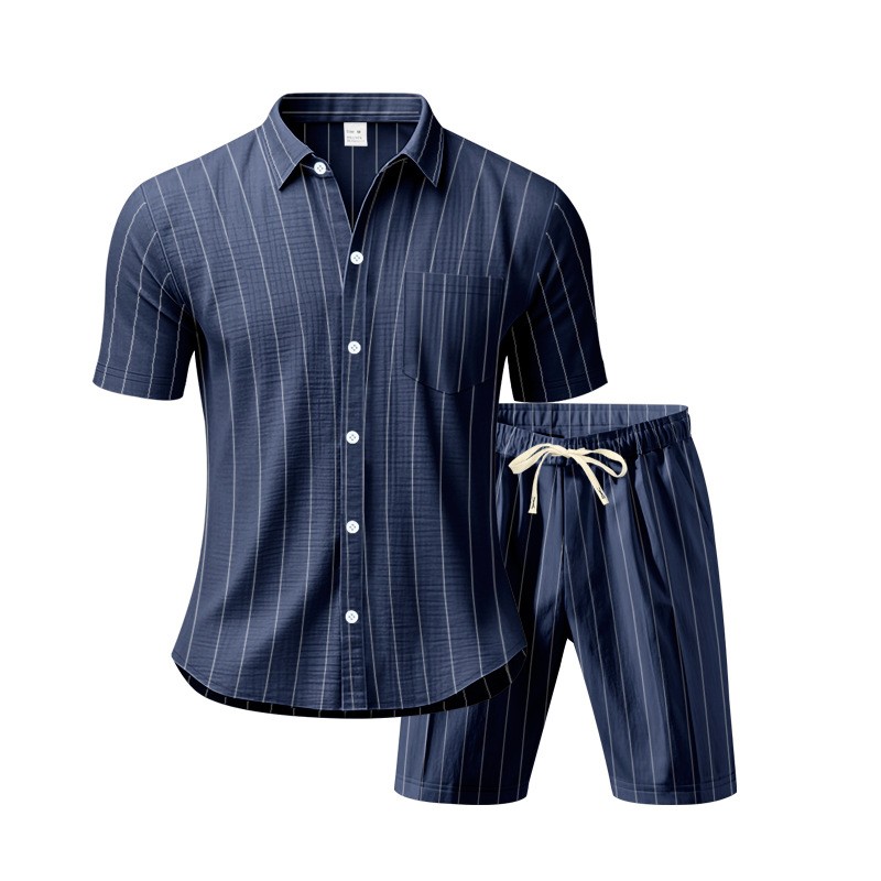 Conjunto de dos piezas a rayas de lino , casual de manga corta con botones camisa and Beach shorts Set, Lightweight transpirable Summer Outfit, holgado Fit Drawstring shorts, Comfortable elegante Set for Vacation Travel Resort para uso diario Wear Lounge para hombre
