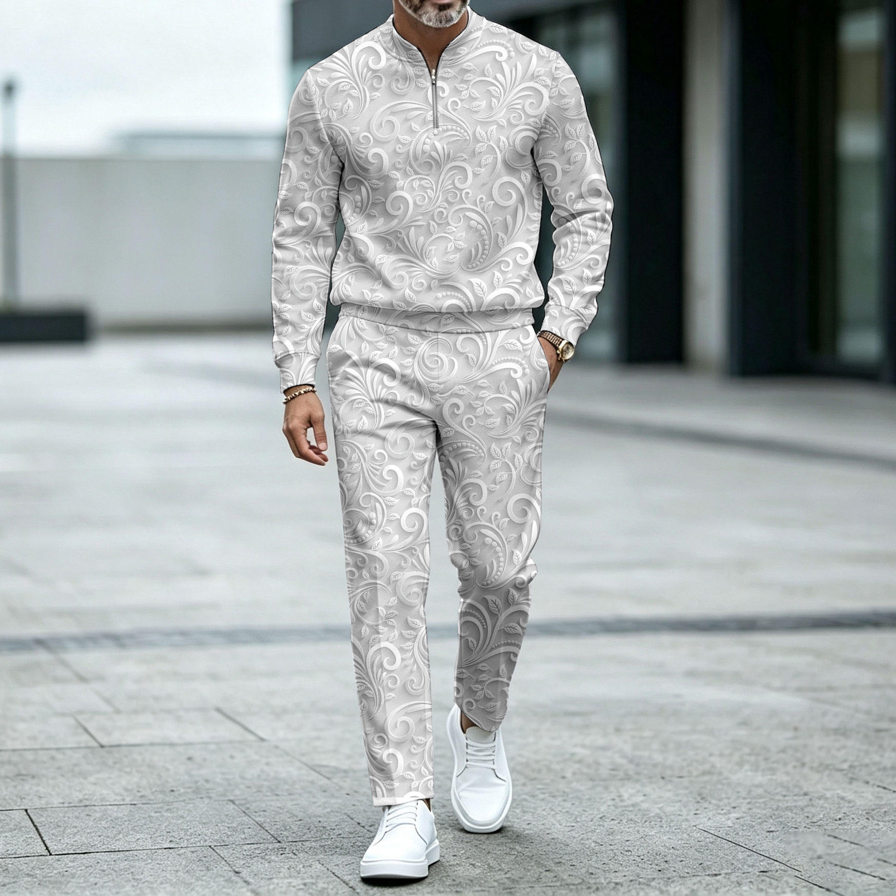 para hombre White Crew-Neck Zipper de manga larga Top and pantalón Set