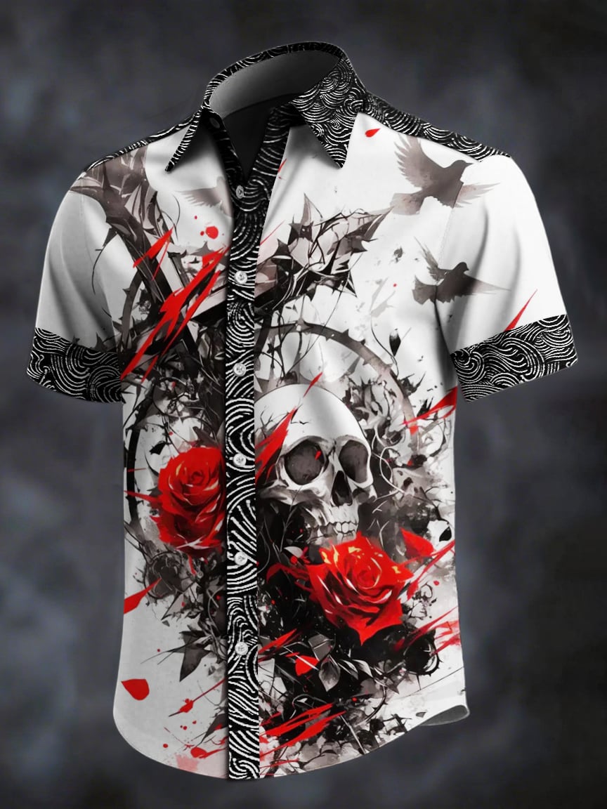 Camisa retro Skull estampado solapa de manga corta para hombre