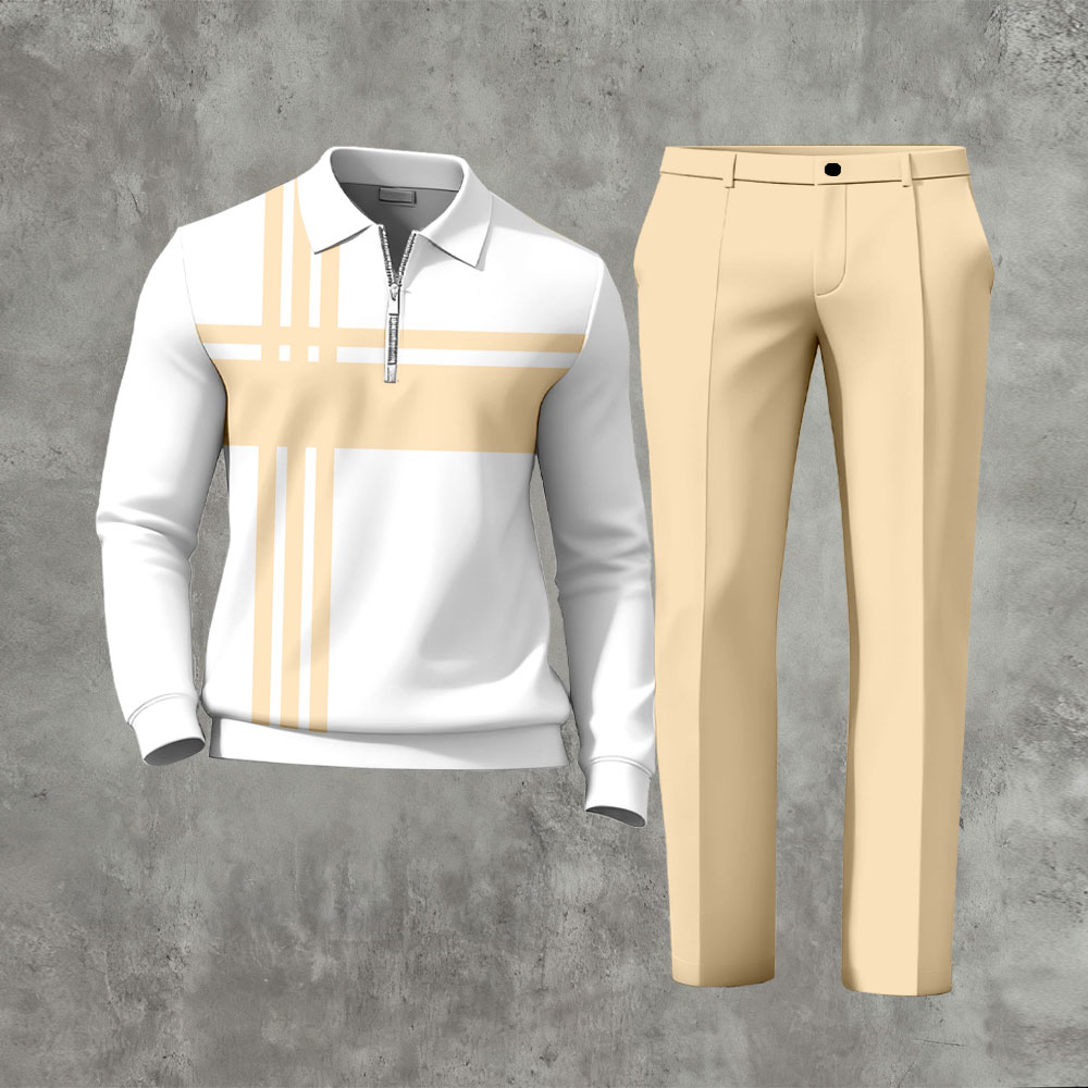 Conjunto de dos piezas casual Apricot Geometry estampado de manga larga And pantalón para hombre