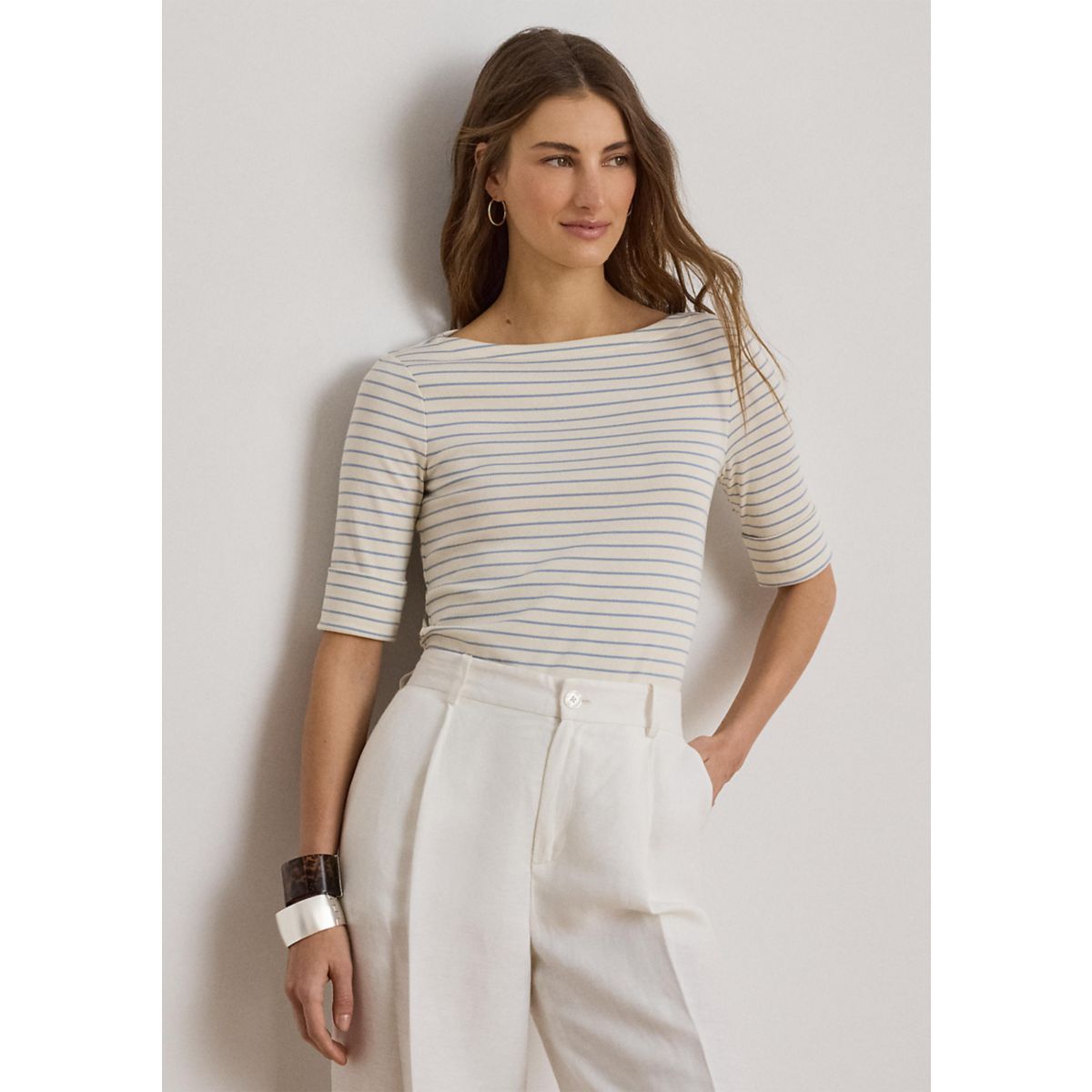 Striped Stretch Cotton Boatneck Shirt - 1