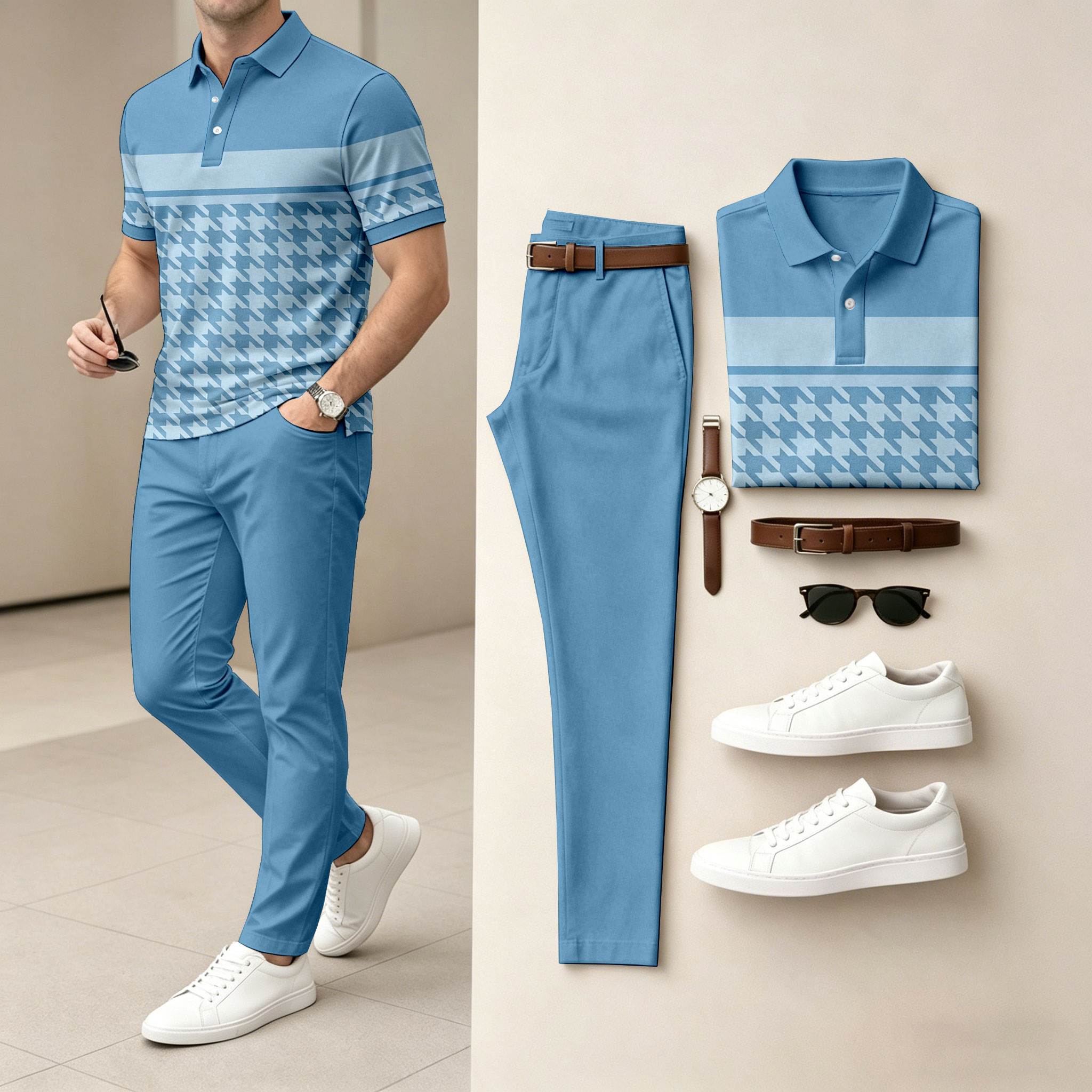 para hombre Blue estampado de manga corta camisa polo and pantalón conjunto de dos piezas