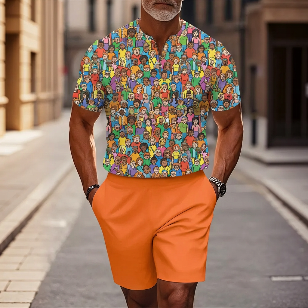 Conjunto de dos piezas casual Full-Color estampadoing estampado Half-Zip de manga corta camiseta And shorts para hombre