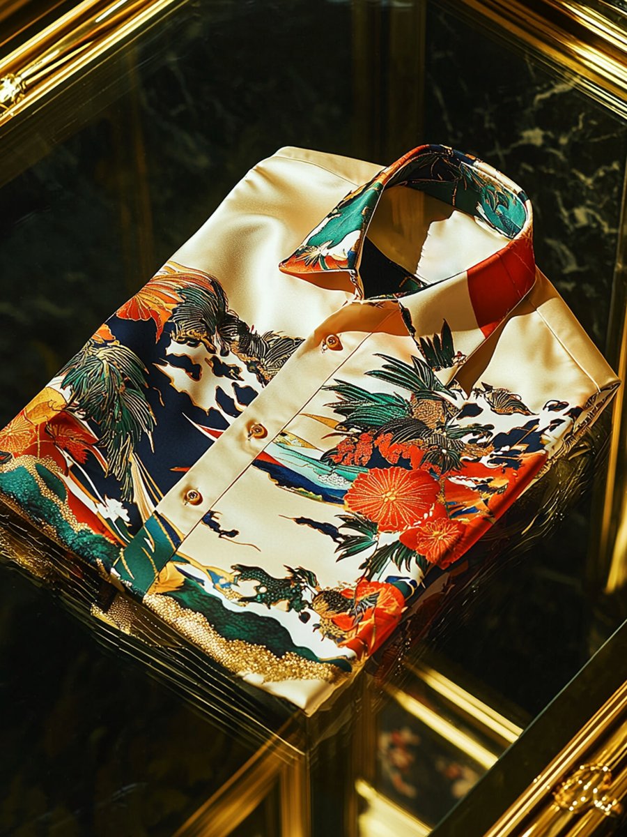 Camisa satén Ukiyo-E de lujo ejecutivo de manga larga para hombre