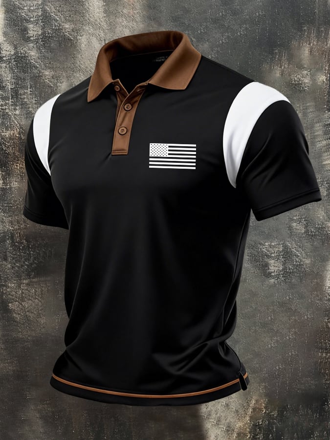 Retro Patriot en bloques de color Polo Collar de manga corta para hombre