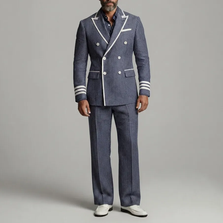 Saco formal Navy Blue Pinrayas estampado Contrast Piping Peak Lapel Double-Breasted & pantalón 2Pcs Suit para hombre