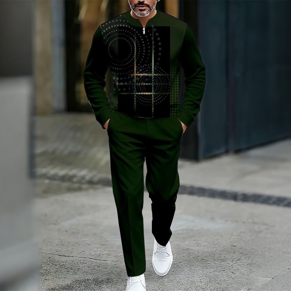 Conjunto de dos piezas casual Color Matching estampado Round-Neck Zipper de manga larga Trousers para hombre