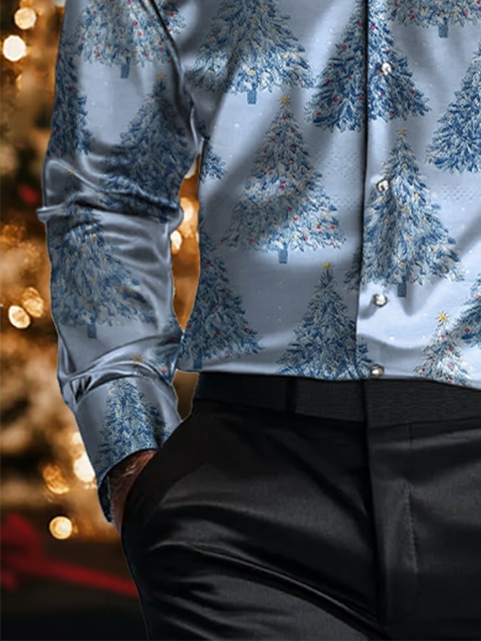 Camisa de lujo Christmas Contrast Color estampado de manga larga para hombre