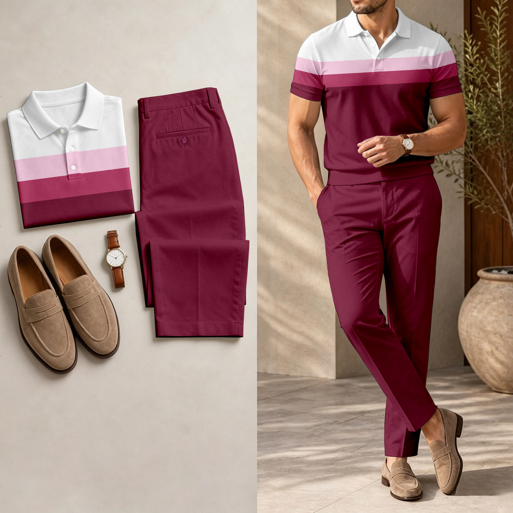 Conjunto de dos piezas casual Rose Red estampado camisa polo And pantalón para hombre