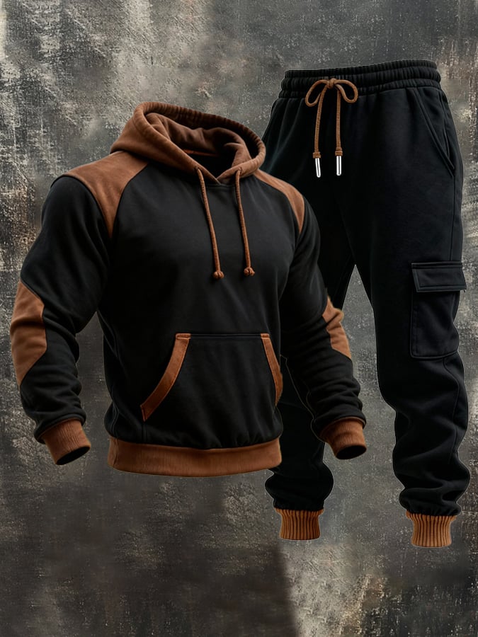 Sudadera retro Stitching Contrast Color Hooded casual Suit para hombre
