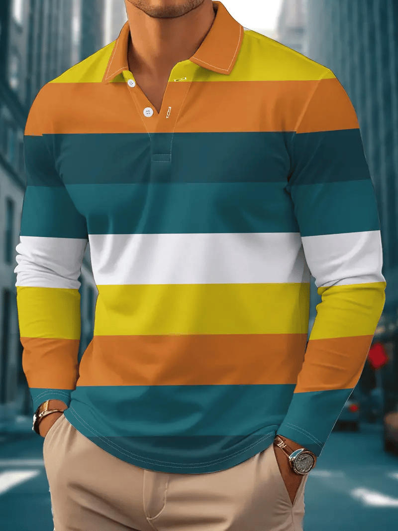 Camisa polo ejecutivo casual a rayas de manga larga para hombre