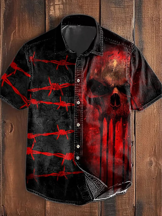 Camisa Skull estampado casual de manga corta para hombre