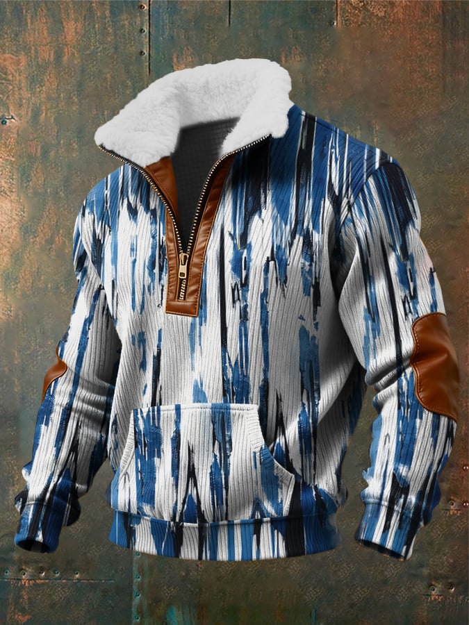 Sudadera retro Abstract Art estampado cierreed Fur cuello bolsillo Patchpara trabajo de manga larga para hombre