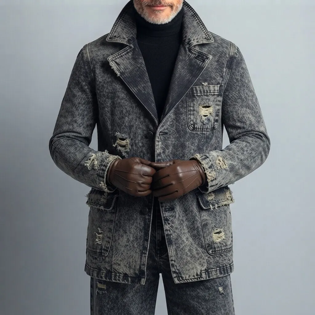 para hombre vintage Notched Lapel Single Breasted Wash Distressed Ripped Frayed Pocket de manga larga Denim chaqueta