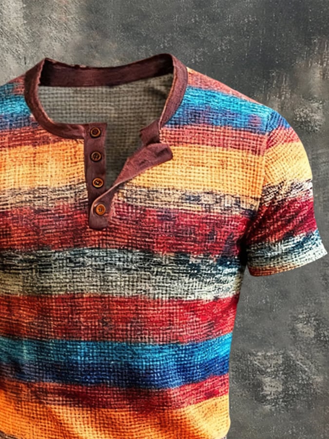 Camiseta vintage-Style Color-Block de manga corta With Henley cuello para hombre