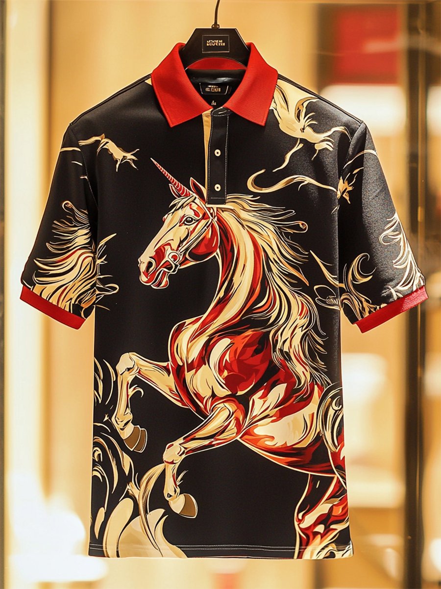 Camisa polo casual ejecutivo Horse estampado Button de manga corta para hombre
