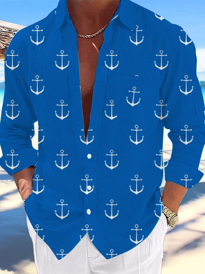 Camisa Nautical Design estampado Lapel Pocket casual para hombre