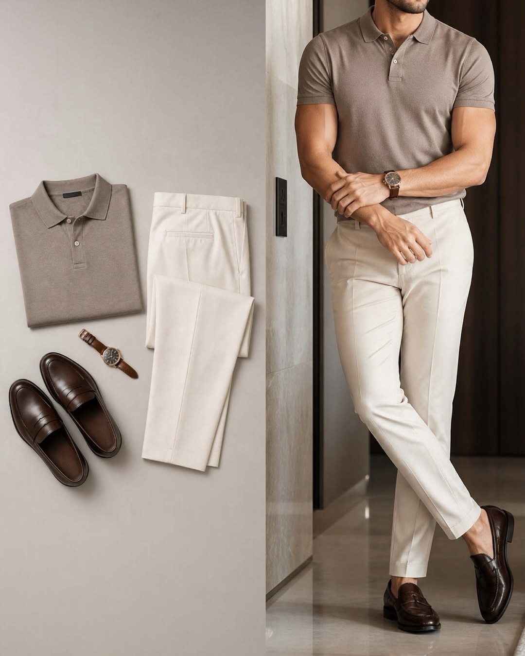 Conjunto de dos piezas casual Khaki Color de manga cortas camisa polo & Jeans pantalón para hombre