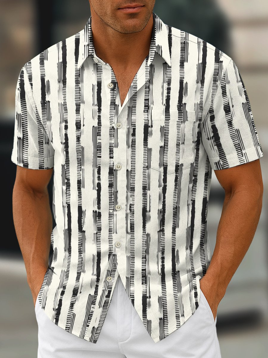 Camisa retro geométrico Art estampado solapa de manga corta para hombre