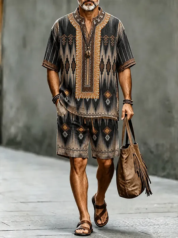 para hombre retro Geometric Ethnic Print Half Button de manga corta camisa shorts 2pcs Set